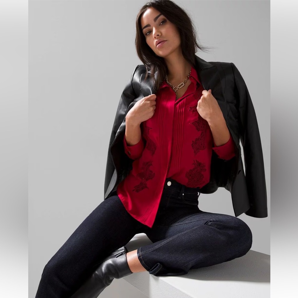 White House Black Market Bold Red Long Sleeve Lace Appliqué Button Dwn Shirt NWT